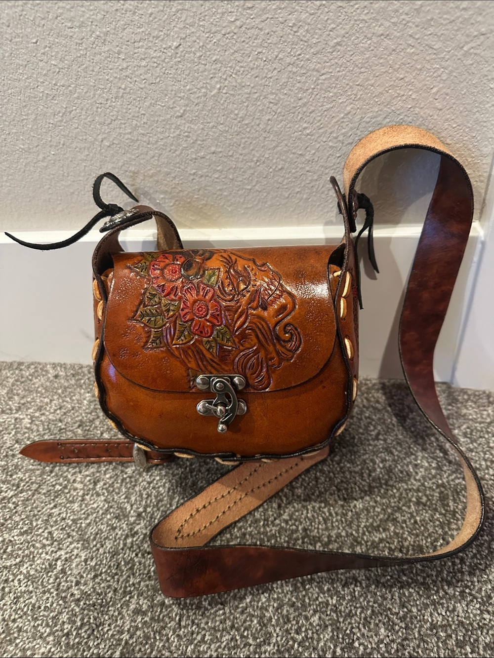 Hand-Tooled Floral Leather Crossbody Bag - Brown
